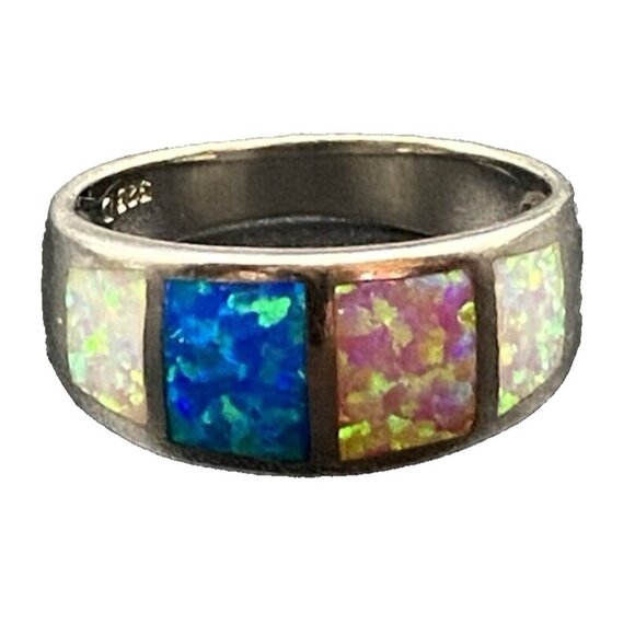 Unbranded Jewelry - Genuine Blue Pink Opal Ring Wide 4 Windows Ster Silver 925 3.8g Unisex Sz 8.75